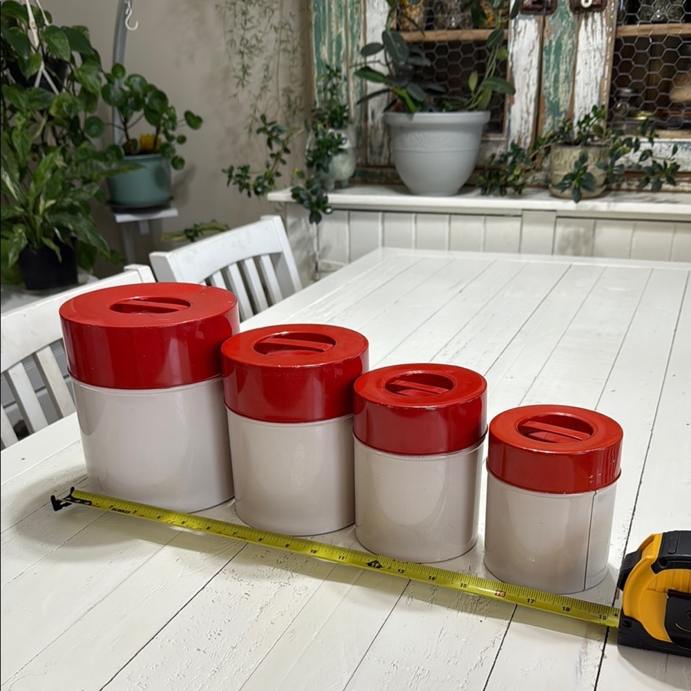 Vintage MCM Red&White Kitchen nesting metal Canister Set x8piece